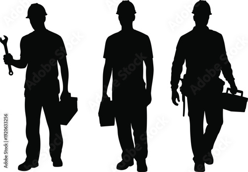Construction worker silhouettes carrying toolbox set, builders with tools collection, industrial labor illustration, handyman characters isolated, professional workforce poses