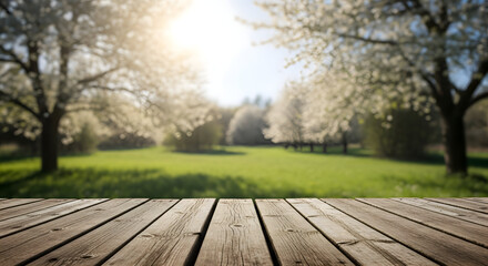Leinwandbilder Pantone 2025 Mocha Mousse Happy easter Wooden planks in foreground with a sunlit orchard of blooming trees in the background image photo  © Doley Design