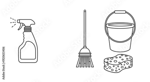 Cleaning supplies set illustration spray bottle broom bucket sponge isolated