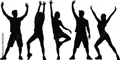 Black silhouette group of joyful dancers, energetic people jumping with raised arms, dynamic dance poses collection, fitness workout party vector, happy youth movement illustration pack
