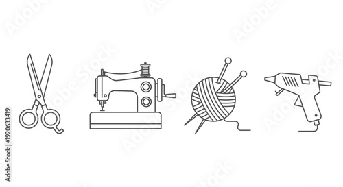 Crafting tools scissors sewing machine yarn and glue gun outline vector