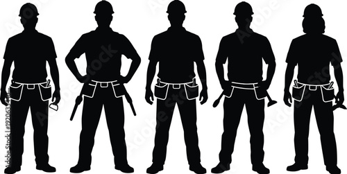 Construction worker silhouettes set, builders with tool belts, industrial labor team collection, handyman characters isolated, engineering workforce illustration, professional builder poses