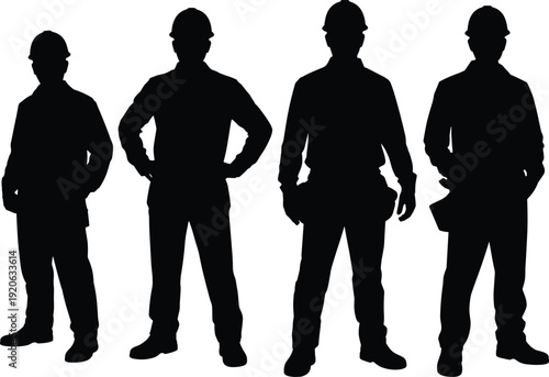 Construction worker silhouettes standing set, builders with helmets collection, industrial labor team illustration, handyman workforce characters, professional builder poses