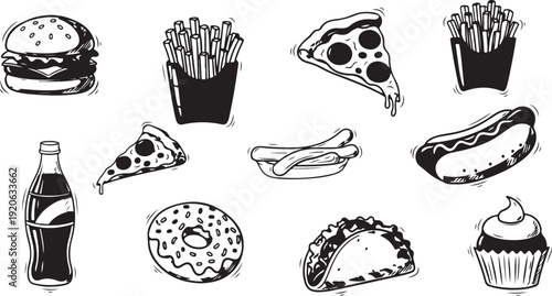 A delightful assortment of popular fast food items and desserts