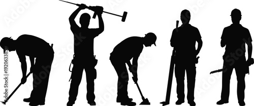 Construction worker silhouettes tool activity set, builders hammering digging standing collection, industrial labor illustration, handyman workforce poses, engineering work