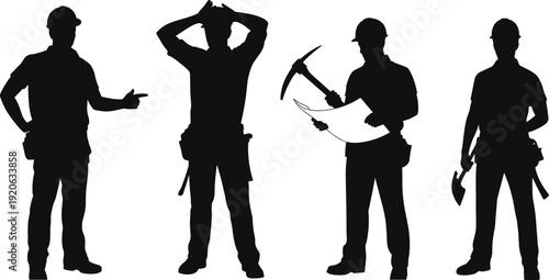 Construction worker silhouettes with tools set, builders planning and working collection, industrial labor illustration, handyman workforce characters, engineering activity poses