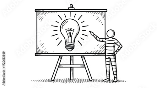 A sketch of a person in stripes points at a large light bulb drawn on an easel, symbolizing a new idea or innovation. The mood is creative and inspirational.