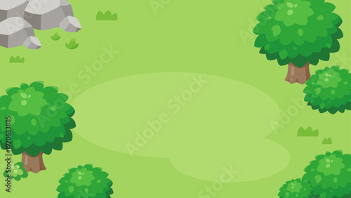 斜め上から見た草原と木の背景イラスト_16:9