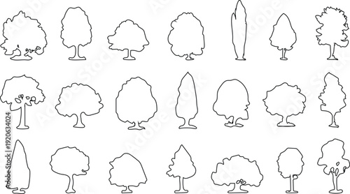 A collection of various tree silhouettes are neatly arranged in rows displaying distinct crown and trunk shapes high-quality professional detailed modern elegant stylish clean crisp