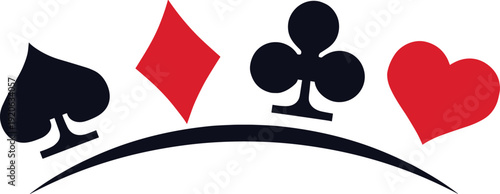 Playing card suits crown logo, spade diamond club heart symbols in red and black, elegant curved design for casino poker gambling vector illustration