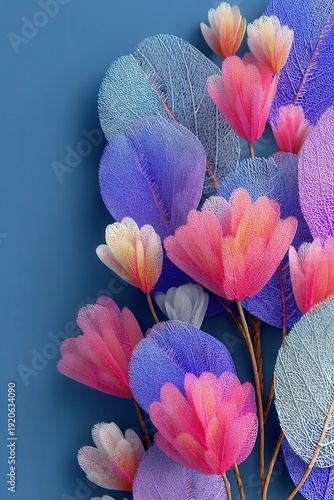 Colorful lacey leaves arrangement with pink, purple, and blue hues on a blue background
