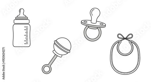 Baby essentials bottle pacifier rattle bib isolated vector illustration