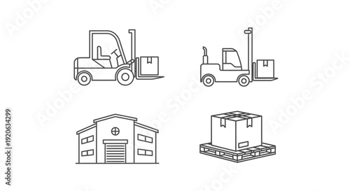 Warehouse logistics illustration set forklifts and delivery items