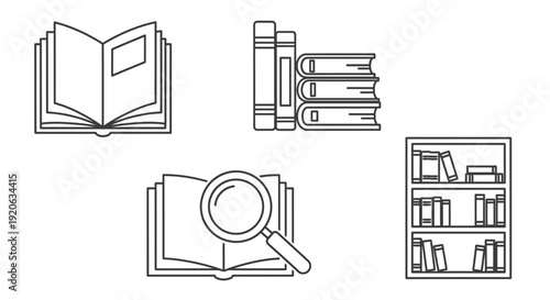 Outlined book illustrations for education reading and knowledge sharing concepts