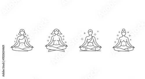 Meditating figures in line art style on white background for wellness design
