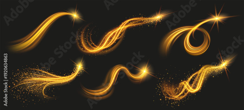 Golden light streaks and swirls on a dark background abstract energy ribbons
