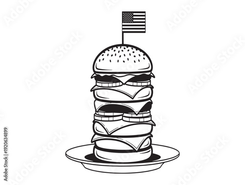 An oversized american style burger with multiple stacked patties on a plate