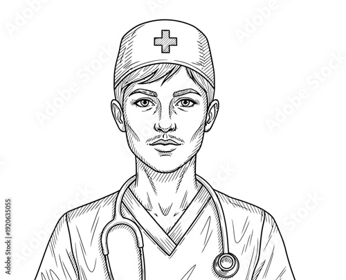 A detailed black-and-white sketch of a medical professional. They wear a cap with a cross, a stethoscope draped around their neck, and a calm expression.