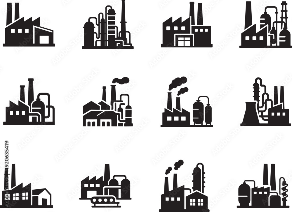 Obraz premium Industrial factory building icon set for manufacturing plants, chemical industry and logistics apps.