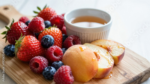 Wallpaper Mural A wooden board displays fresh strawberries, raspberries, blueberries, and a sliced peach. A white ceramic bowl sits nearby, seemingly filled with honey. The scene evokes sweetness and vibrancy. Torontodigital.ca