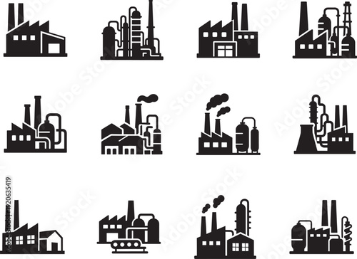Industrial factory building icon set for manufacturing plants, chemical industry and logistics apps.