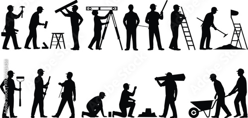 Construction workers silhouette mega set, builders performing tasks collection, industrial labor activities illustration, handyman workforce poses, engineering work characters