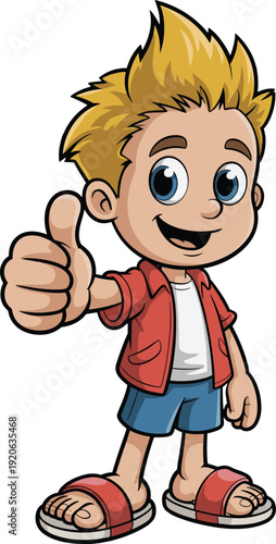 Cute boy cartoon character thumbs up, happy kid mascot illustration, smiling child giving approval gesture isolated