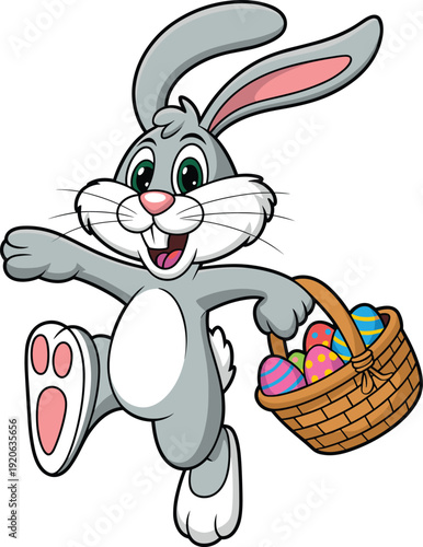 Easter bunny cartoon holding egg basket, cute rabbit character illustration, spring holiday mascot, playful bunny with decorated eggs