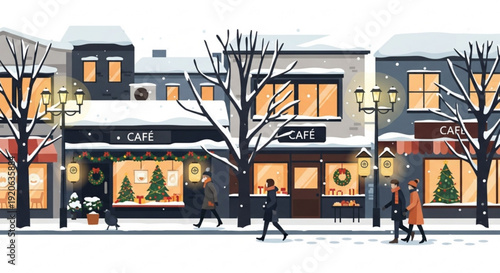 Snowy city street with people walking past cafes on a winter day with bare trees and holiday decorations