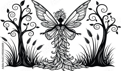 Detailed black and white illustration of a magical fairy with intricate wings standing in an enchanted forest setting