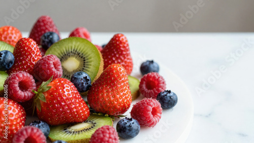 Wallpaper Mural A vibrant assortment of fresh strawberries, raspberries, blueberries, and kiwi slices are artfully arranged on a white marble surface. The composition highlights the fruits' rich colors and textures. Torontodigital.ca