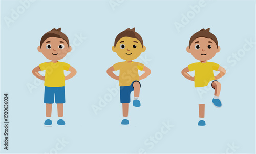Three cartoon boys in yellow shirts and blue shorts posing in different stances