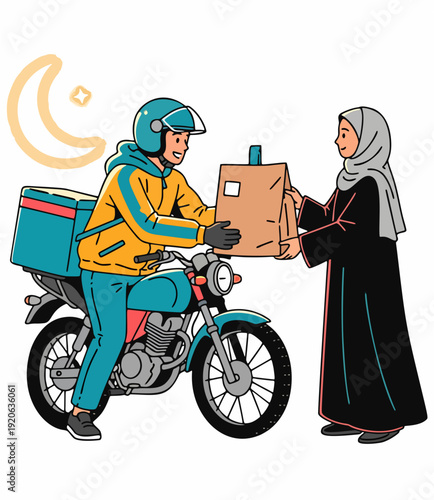 Delivery person on motorcycle handing package to woman wearing traditional clothing