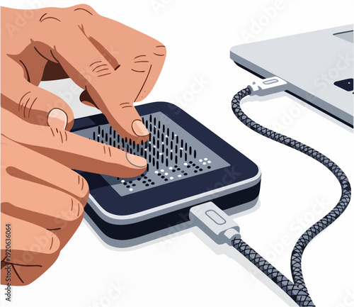 A hand interacts with a braille display device connected to a laptop via a cable