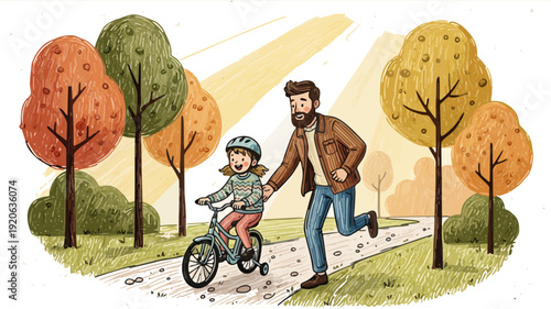 Father guiding child riding bicycle on winding path through vibrant autumnal landscape from behind.