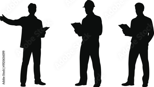 Inspector and businessman silhouettes with clipboard, professional workers collection, quality control inspection concept, corporate evaluation poses, office staff illustration