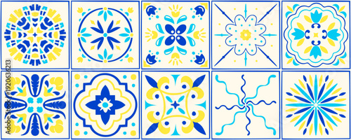 Seamless Amalfi lemon color pattern. Mediterranean blue mosaic tiles and yellow watercolor. Italian summer poster design with Positano coast aesthetic, baroque floral ornaments and nautical sea decor.