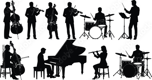 Musicians silhouette collection, orchestra band performers set, instrumental artists isolated, classical music ensemble illustration, concert performers group, musical instrument silhouettes