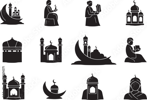 Compilation of black and white vector icons featuring islamic architecture, people, and religious elements