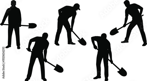 Workers digging silhouette set, construction laborers with shovel collection, manual excavation activities illustration, industrial workforce poses, ground work characters