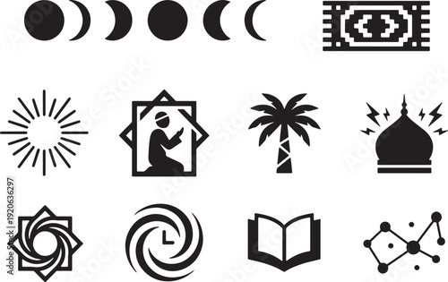 Diverse set of black and white vector icons representing islamic astronomical, natural, and spiritual concepts