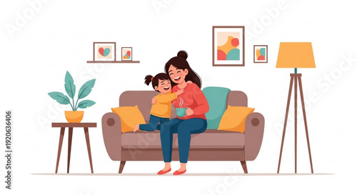 Mother and child sitting on a couch in a cozy living room with warm lighting and colorful decor