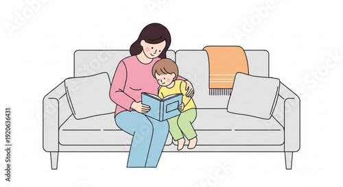 Woman and child sitting on sofa reading book together mother and son bonding over literature in cozy living room