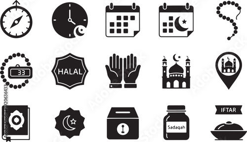 Collection of black and white vector icons related to islamic practices, traditions and worship
