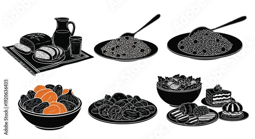 Still life illustration depicting various food items on a white background