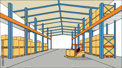 Automated warehouse robot lifting packages in modern storage facility, realistic 3D rendering of logistics and smart automation technology.