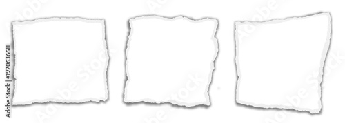 Set of ripped white torn paper squares with rough edges isolated on transparent PNG. 