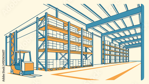 Autonomous warehouse robot transporting and lifting packages in modern distribution center, high-quality 3D rendering.