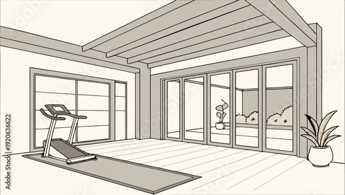 Modern gym interior with fitness equipment against black wall background, realistic 3D rendering of professional workout space.