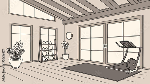 Modern fitness center with training equipment set against black wall, detailed 3D rendering.